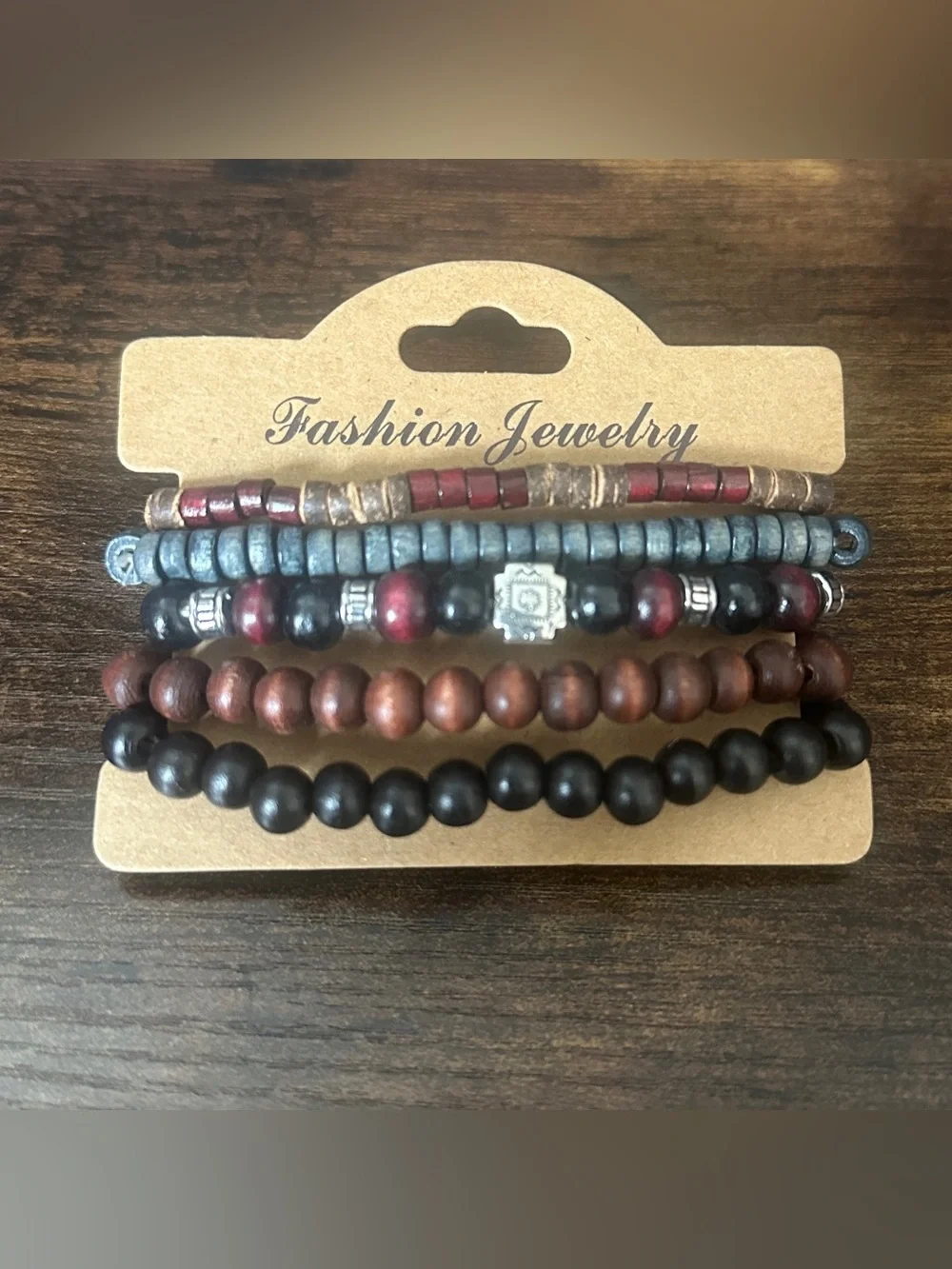 Stacked Men's Beaded Bracelet Set - Black, Brown & Red